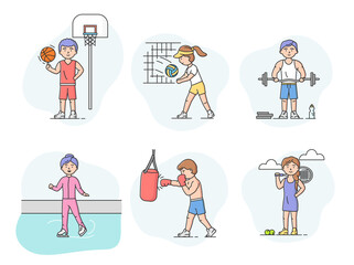 Active Sport And Healthy Lifestyle Concept. Sports And International Competitions. Set Of Characters Do Different Kind Of Sports And Activities. Cartoon Linear Outline Flat Style. Vector Illustration