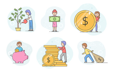 Business Investment And Getting Profit Concept. Set Of Business People Making An Investments. Men And Women Increase Their Budget And Capital. Cartoon Linear Outline Flat Style. Vector Illustration