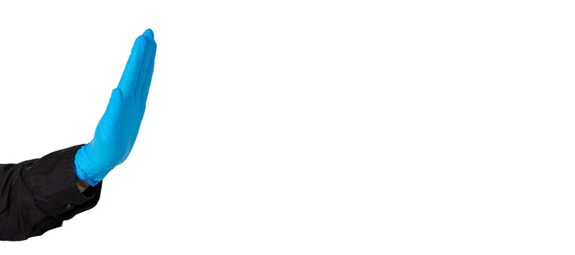 hand in latex glove keep social distance sign health care and global pandemic corona virus concept on simple background white copy space for your text