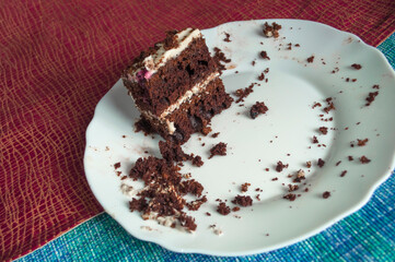 Sponge cake with cream on a white plate.