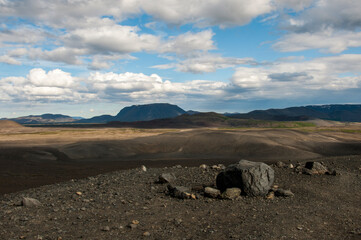 volcano landscape with cloudy sky at myvatn iceland