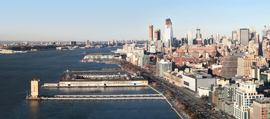 Panoramic aerial view of Manhattan midtown with Hudson River. New York. USA.
