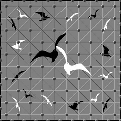 Stylized Pattern of Black and White Birds On the Background of Gratings and Balls. Background for Design Solutions