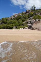 Sea to beach view with Hoop pines and granite boulders at Radical Bay, typical of Magnetic Island, Queensland, Australia