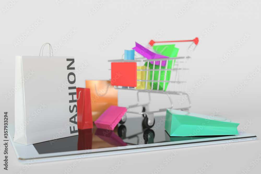 Poster shopping cart on a tablet computer and paper bag with fashion text. e-commerce related 3d rendering