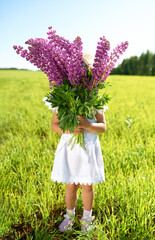 A little girl in a white summer dress, hiding her face behind a lush bouquet of flowers, Lupin.