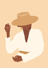 Illustration of beautiful black skin woman in the hat. Modern printable fashion poster.