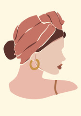 Abstract minimalistic portrait of a woman with gold earrings. Flat feminine illustration wall art poster.
