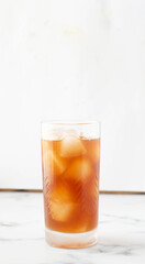 Homemade iced lemonade with ripe peaches. Fresh peach ice tea in a mason jar.