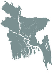 Gray Divisions Map of Asian Country of Bangladesh
