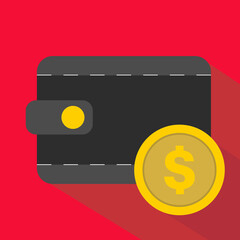 Casino Icons. Wallet And Golden Coin. Gambling, Blockchain. Flat Vector Illustration On Red Background
