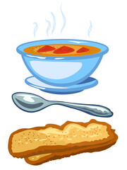 A bowl of soup, a spoon, two slices of bread. On a white background.