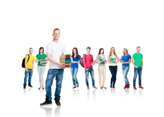 Fototapeta premium Large group of teenage students isolated on white background. Many different people standing together. School, education, college, university.
