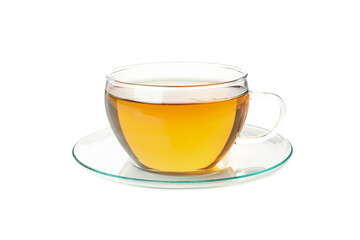 Glass cup of chamomile tea isolated on white background