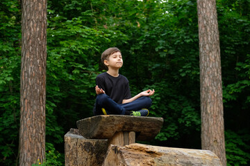 Fototapeta premium Child yoga in park. Young boy in yoga position close his eyes and meditate.