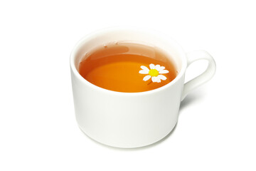 Cup of chamomile tea isolated on white background