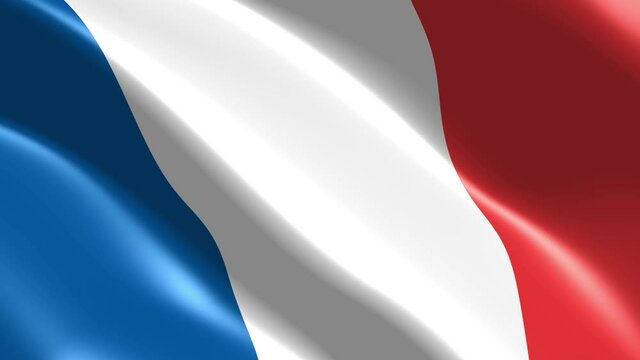 French flag seamless closeup waving animation. Wonderful shiny national flag of france waving in the wind. Standard of France. French sign, symbol, background. Loop ready. 3D render, 4k, 60fps