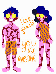 Happy vitiligo people vector illustration. Body positive poster full height beach couple. Love yourself and you are awesome. World vitiligo day. Smiling men and woman with sun glasses and swimsuit.   