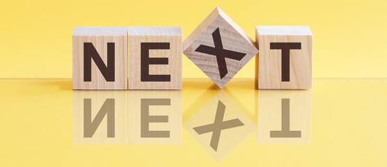 NEXT the word is written on a wooden block. The image is mirrored in the glossy surface. For your design, the concept is front view.