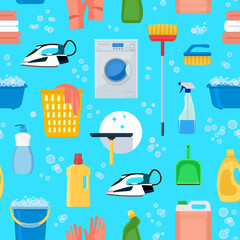 Cleaning. Seamless background. Pattern comfort in the house. Vector illustration with infinitely repeating elements