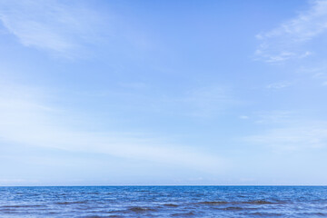 Panorama of blue sea waves against the blue sky. Ocean surface natural background