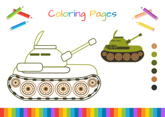 Drawing for coloring: tank. Coloring, sticker, postcard, scrapbooking, products for children.
