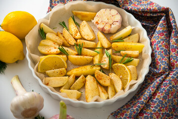 Potato with lemon and rosemary, healthy, healthy and beautiful food
