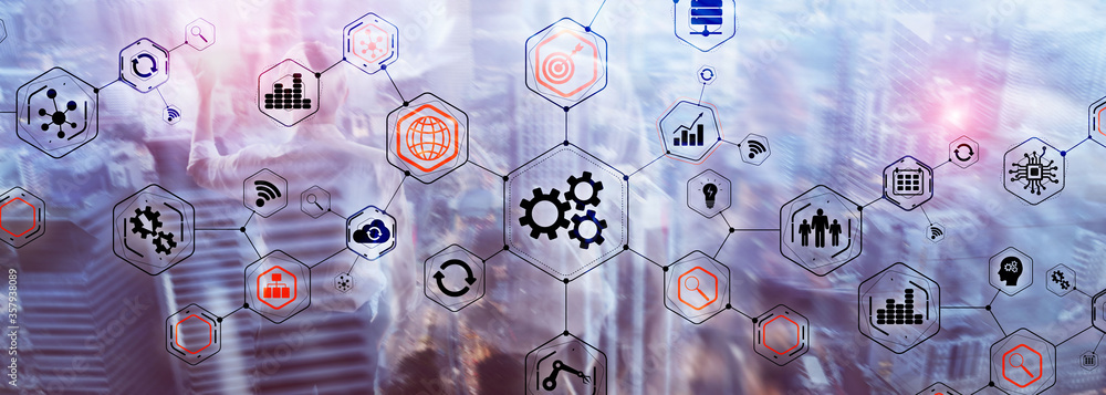 Poster gears icons engineering manufacturing automation innovation structure abstract concept.