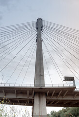 Bridge with cables. Swietokrzyski bridge in Warsaw over the Vistula. Foreshortening from below.