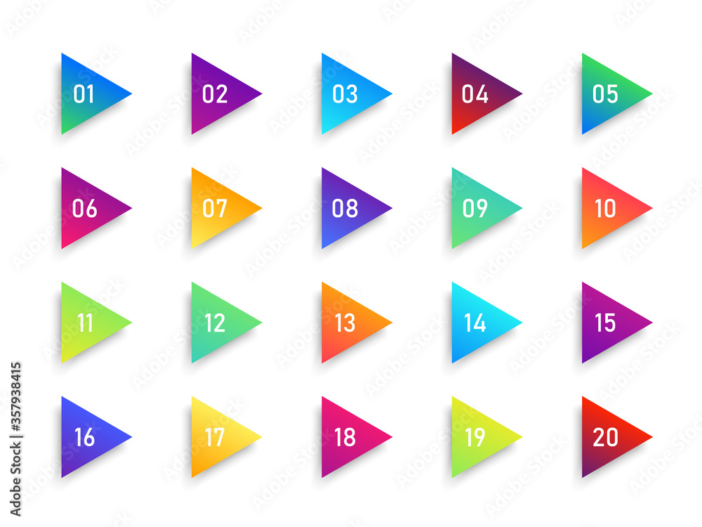 Poster bullet number icon. triangle arrow of infographic. 20 gradient box or button. 3d marker for info. li