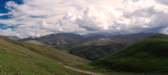 mountains above green meadows under a blue sky