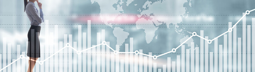 Double exposure global world map on business financial stock market trading background.
