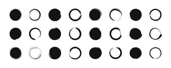 Grunge black circle. Brush round shape, frame. Grungy paint abstract background. Dirty stain with border. Texture ink design for banner. Watercolor art and hand drawn logo. Set of smear. Vector.