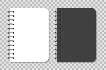 Notebook mockup with spiral. Black and white notepad. Blank diary with cover for note. Template of A5 organizer with paper and coil of rings. Agenda, planner, copybook, sketchbook with binder. Vector