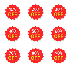 Sale with discount off 10 to 90 percent. Red sticker with price special offer. Label for promotion of product. Tag for retail. Set of coupons. Design logo in business. Icon star for buy. Vector.