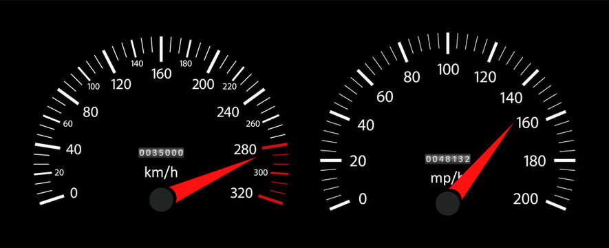 Speedometer of car. Fast speed on dashboard. tachometer and gauge of kilometer or mile. Auto panel with dial of instrument for race. Vehicle background with high velocity. Interface for sport. Vector