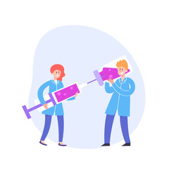 Vector illustration of tiny people with syringe and vaccine