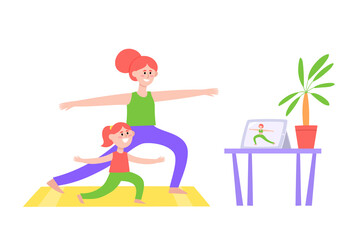 Online fitness workout concept illustration with mom and daugher
