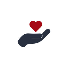 Charity donation icon. Share your love with others. Contribution hand and heart. Concept for voluntary non profit organization or health and healthcare themes.