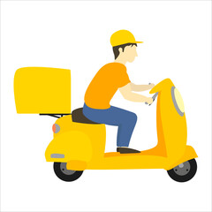 Young caucasian man cartoon character riding a yellow scooter. Delivery service worker delivers the package. Flat vector ilustration isolated on white background.