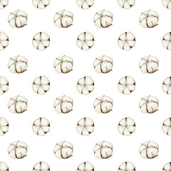 Watercolor cotton flower dotted seamless pattern. Botanical Hand drawn Eco product illustration. Cotton flowers buds balls in vintage style. Plant ball polka dot nature fabric texture design