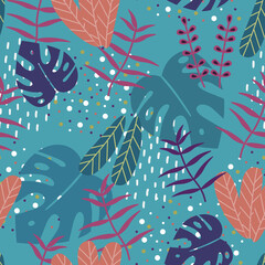 Seamless vector pattern with tropical leaves. Fashionable texture flat with bright plants
