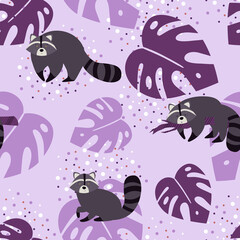 Seamless pattern with cute raccoons and plants. Vector illustration