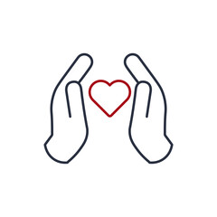 heart between hands linear icon, keep love, love protection concept. Stock vector illustration isolated on white background.