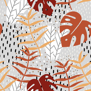 Seamless vector pattern with tropical leaves. Fashionable texture flat with bright plants