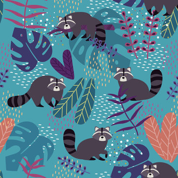 Seamless pattern with cute raccoons and plants. Vector illustration