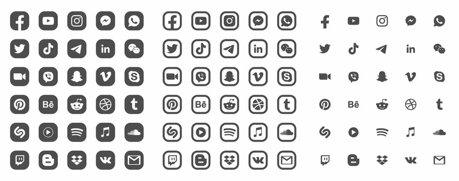 Popular Social Media Black White Modern Square Flat Icons Vector Set. Video, Photo, Music, Audio, Podcast, Online Video Stream, File Hosting, Business, Design, Portfolio, Communication, Chat App Logo