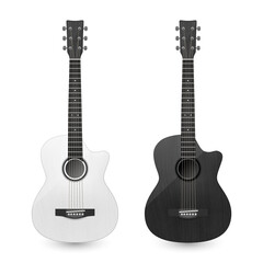 Naklejka premium Vector 3d Realistic White and Black Classic Old Retro Acoustic Wooden Guitar Icon Set Closeup Isolated on Transparent Background. Design Templte, Mockup, Clipart. Musical Art Concept