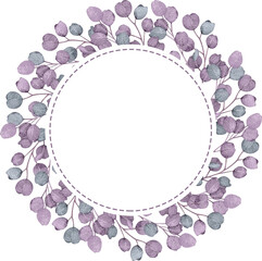 Eucalyptus circle purple frame on the white background. Watercolor hand-drawn illustration.