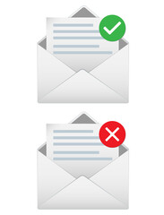 Open envelope icons with few paragraphs ,  green checked sign and red denial mark. Successfully and unsuccessfully sent message illustration,  eps 10